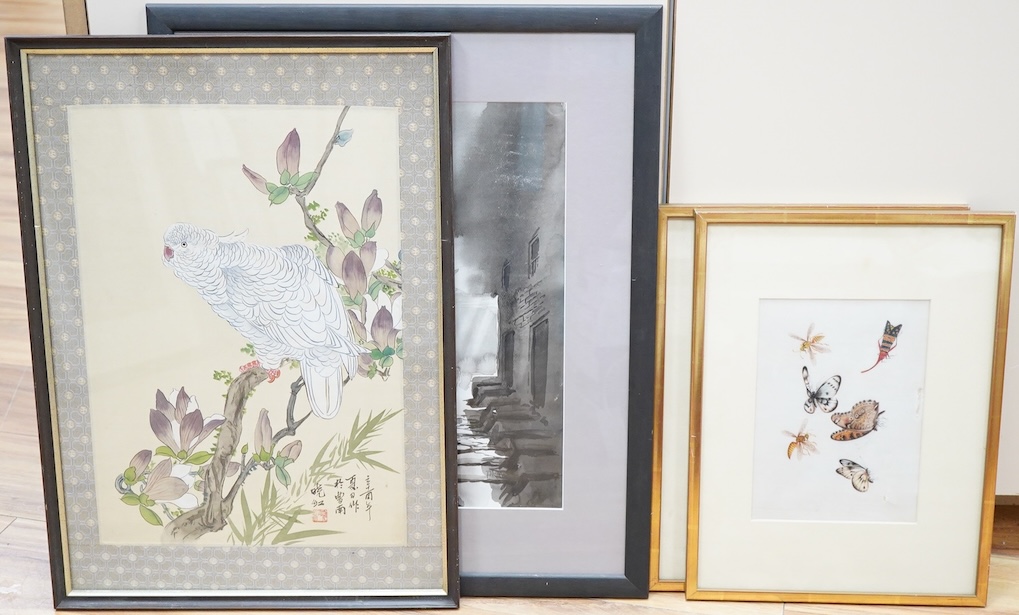 A pair of 19th century Chinese pith paintings, butterflies & insects, together with a monochrome watercolour and a study of a bird